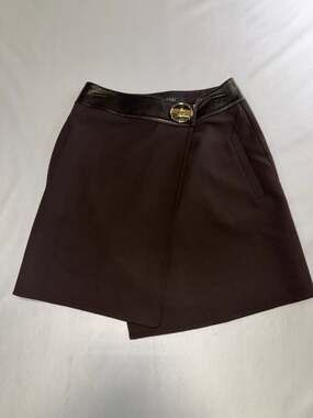 Gucci Brown Wool Wrap Skirt with Leather Trim & Gold Hardware Size 40
